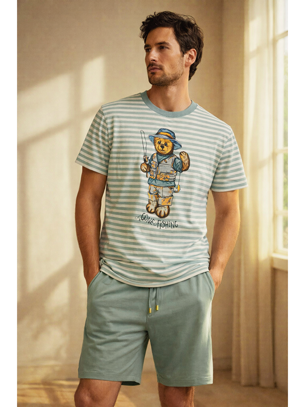 Erkek Sea La Vie Teddy Desenli Şortlu Pijama Takımı Yeşil