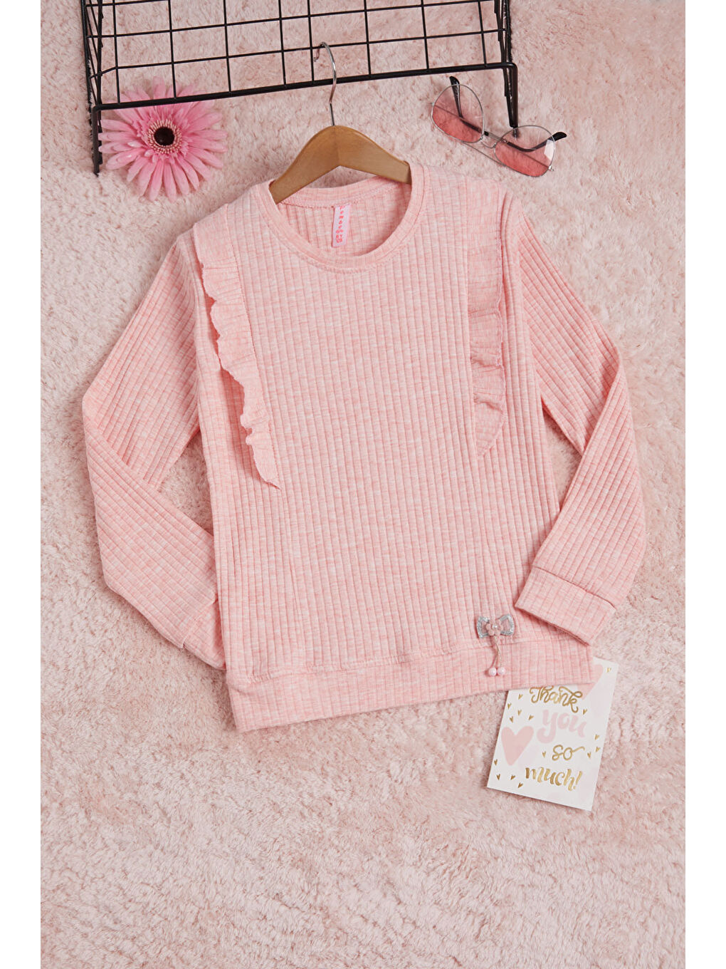 Pembe Önü Fırfırlı Fitilli Uzun Kollu Sweatshirt