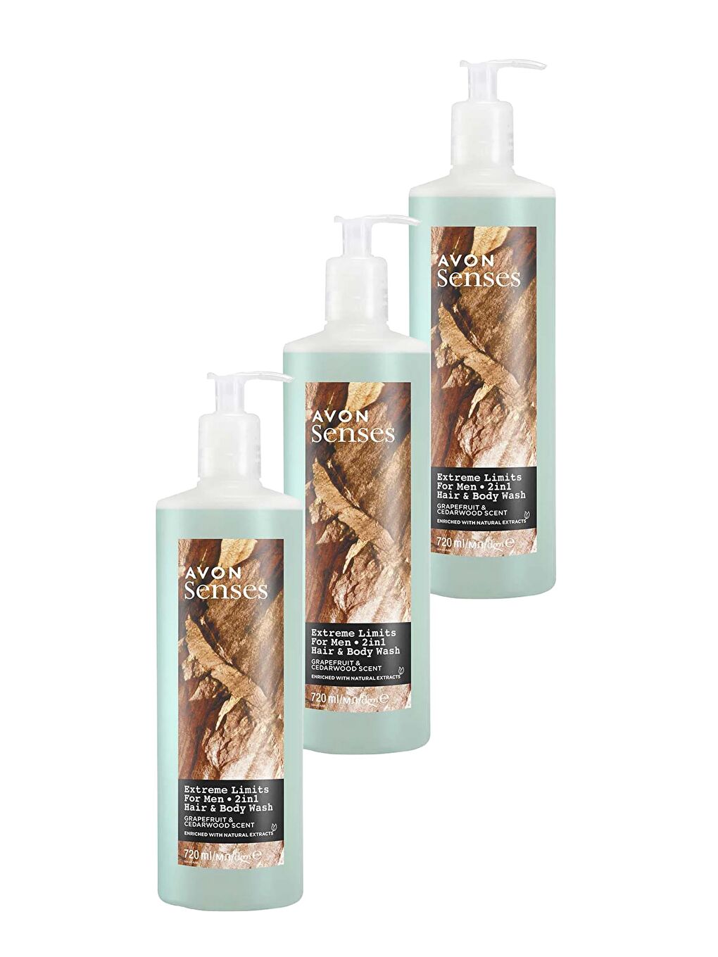 AVON Extreme Limits Greyfurt ve Sandal Kokulu Saç ve Vücut için Erkek Duş Jeli 720 Ml. Üçlü Set