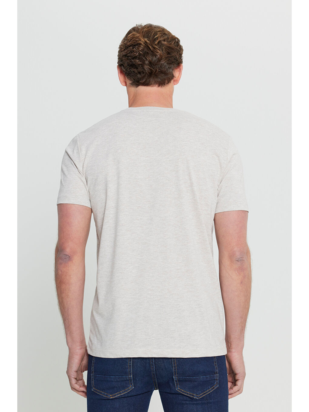 Erkek Bej Melanj Slim Fit Dar Kesim %100 Pamuk Bisiklet Yaka Kısa Kollu Tişört-8