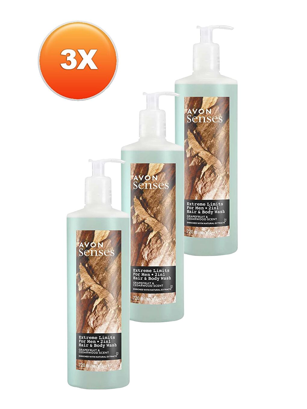 AVON Extreme Limits Greyfurt ve Sandal Kokulu Saç ve Vücut için Erkek Duş Jeli 720 Ml. Üçlü Set - 1