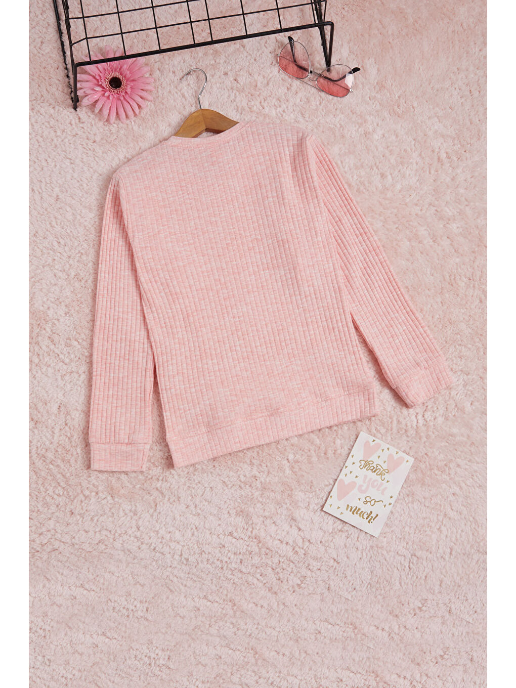 Pembe Önü Fırfırlı Fitilli Uzun Kollu Sweatshirt-4