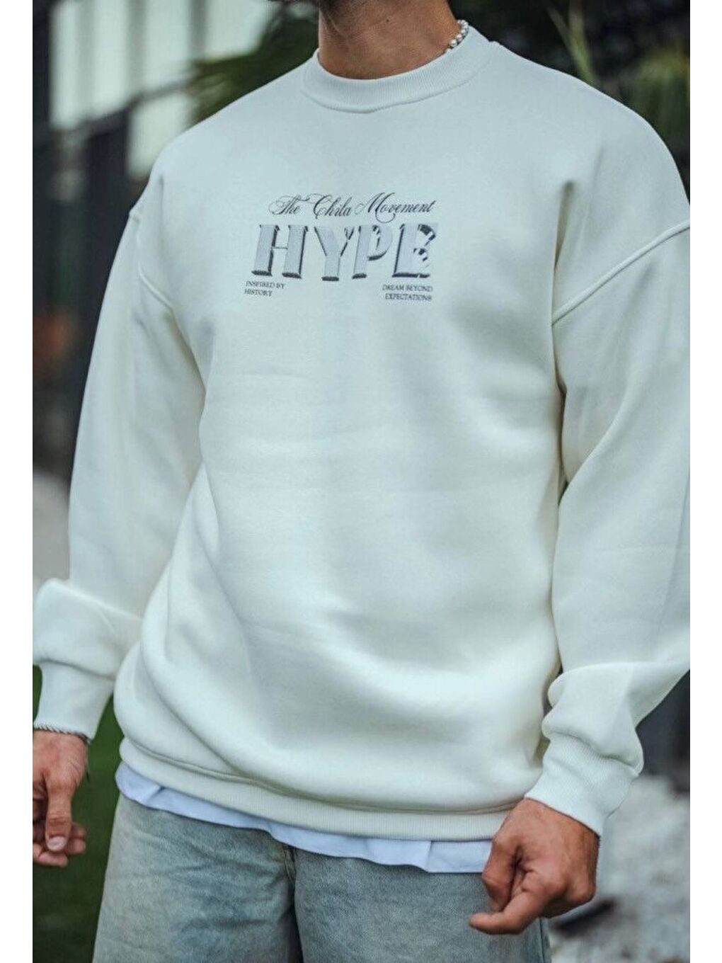 Üç İplik Bisiklet Yaka Baskılı Sweatshirt - Beyaz