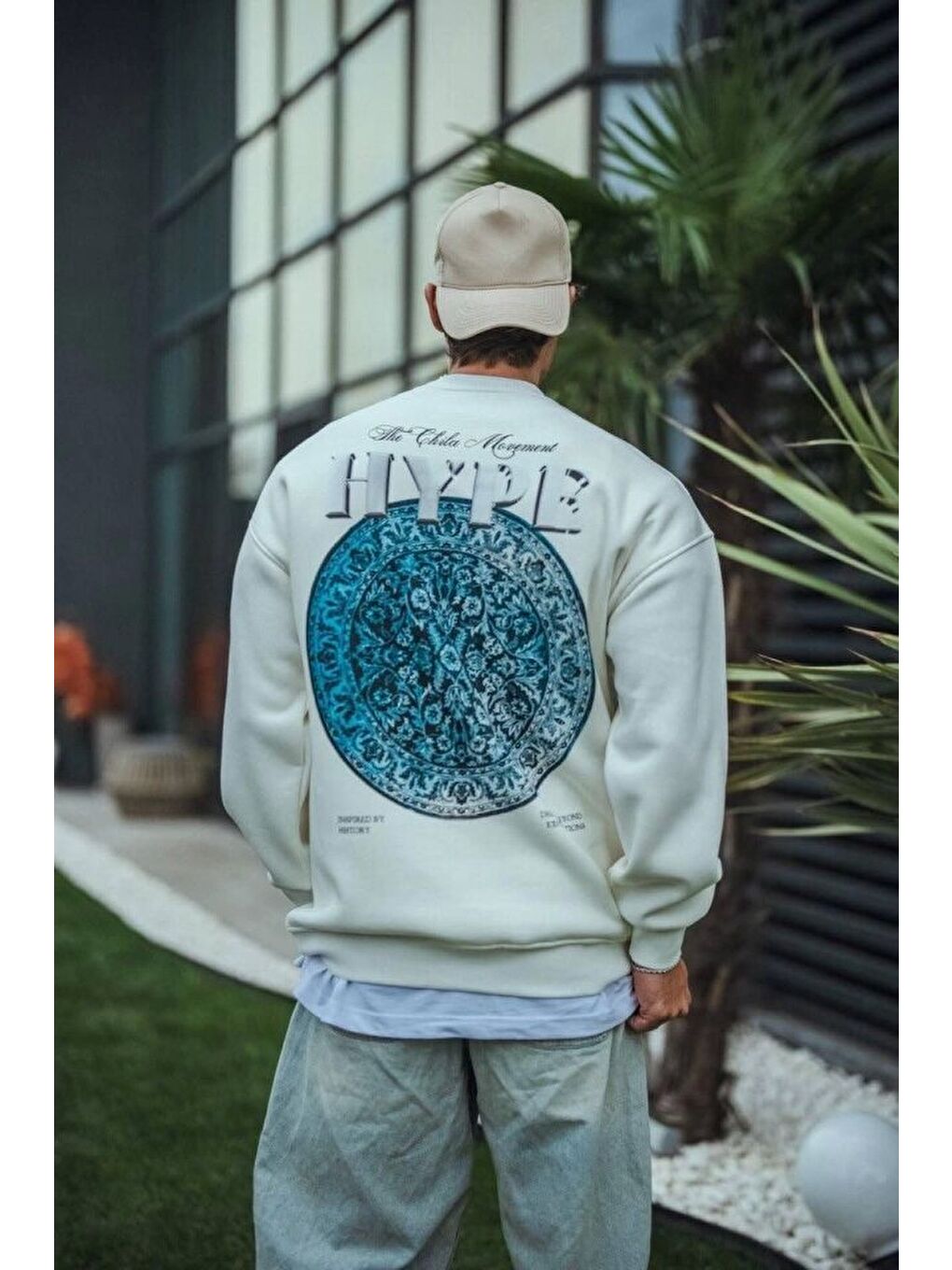 Üç İplik Bisiklet Yaka Baskılı Sweatshirt - Beyaz-1