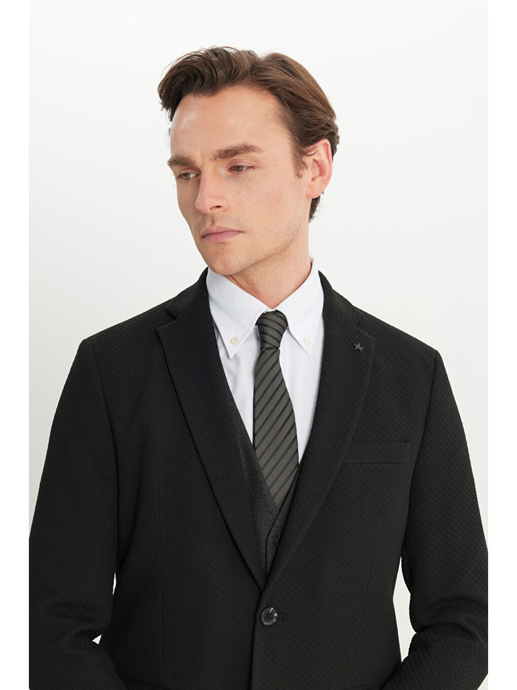 Erkek Siyah-Antrasit Slim Fit Dar Kesim Mono Yaka Kapak Cepli Yelekli Takım Elbise-4