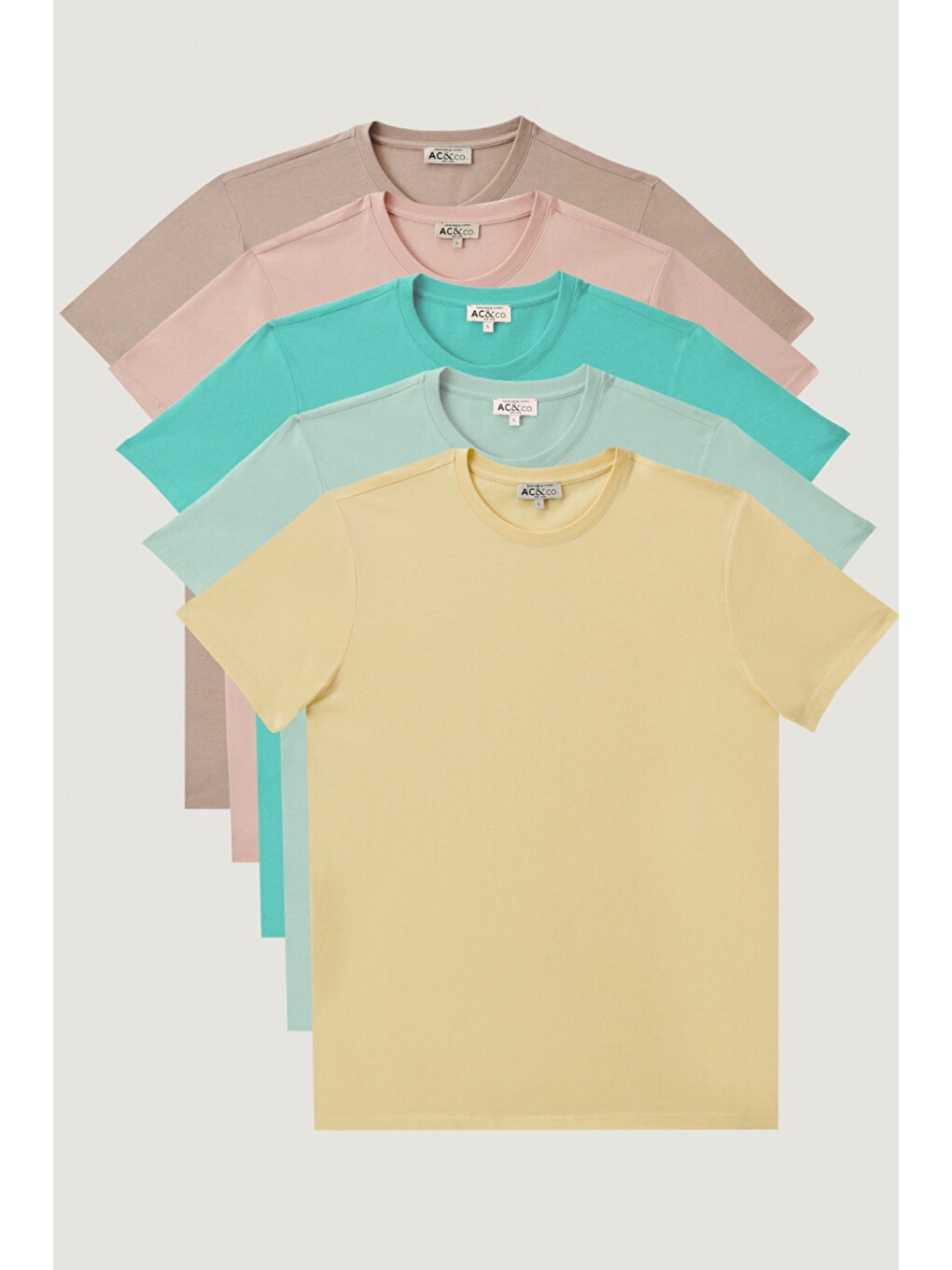 Pembe Erkek Gül Kurusu-turkuaz-sarı-bej Melanj-mint Slim Fit Dar Kesim Bisiklet Yaka 5'li Tişört Paketi
