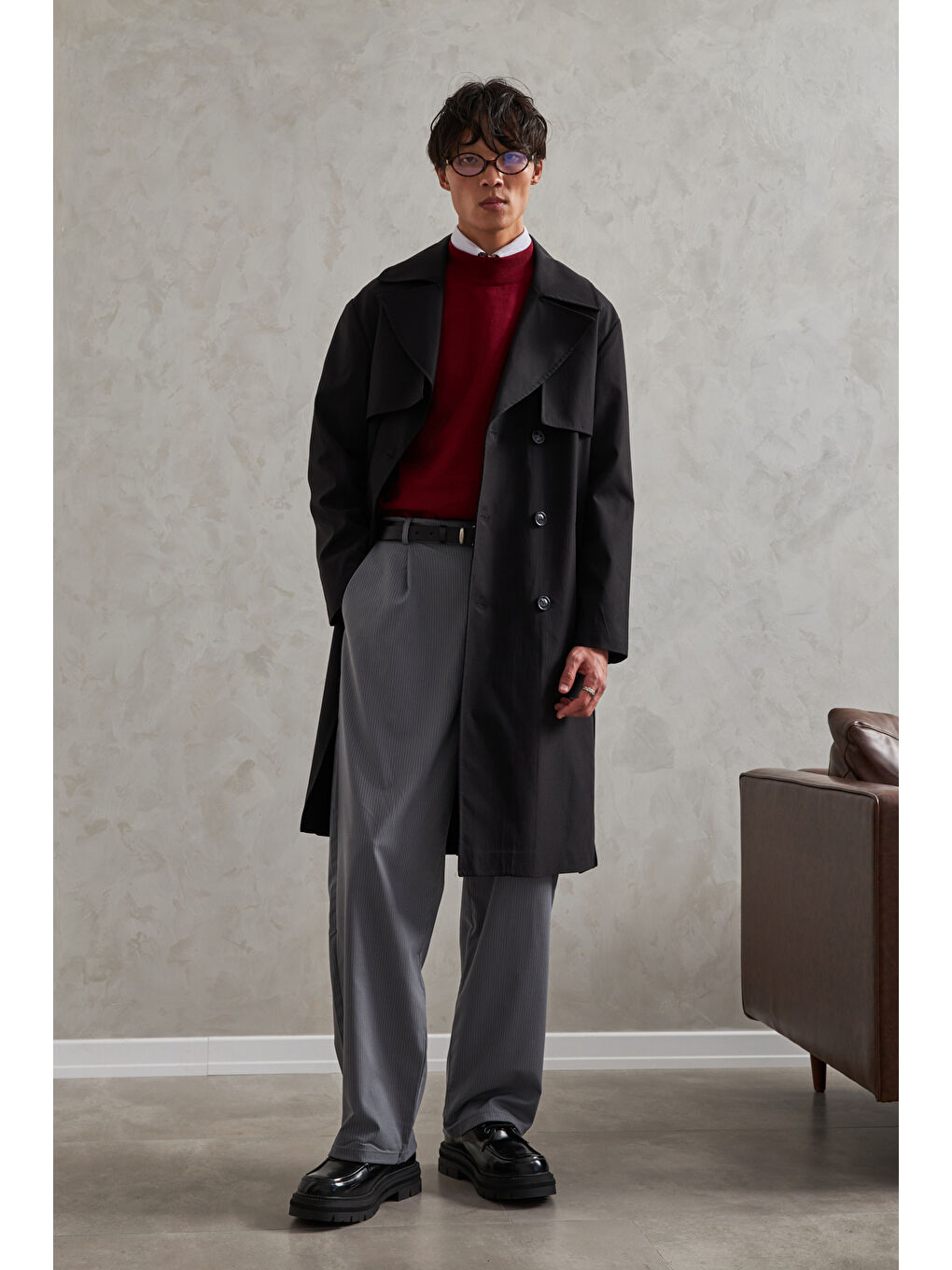 Siyah Erkek Kruvaze Yaka Oversize Trençkot