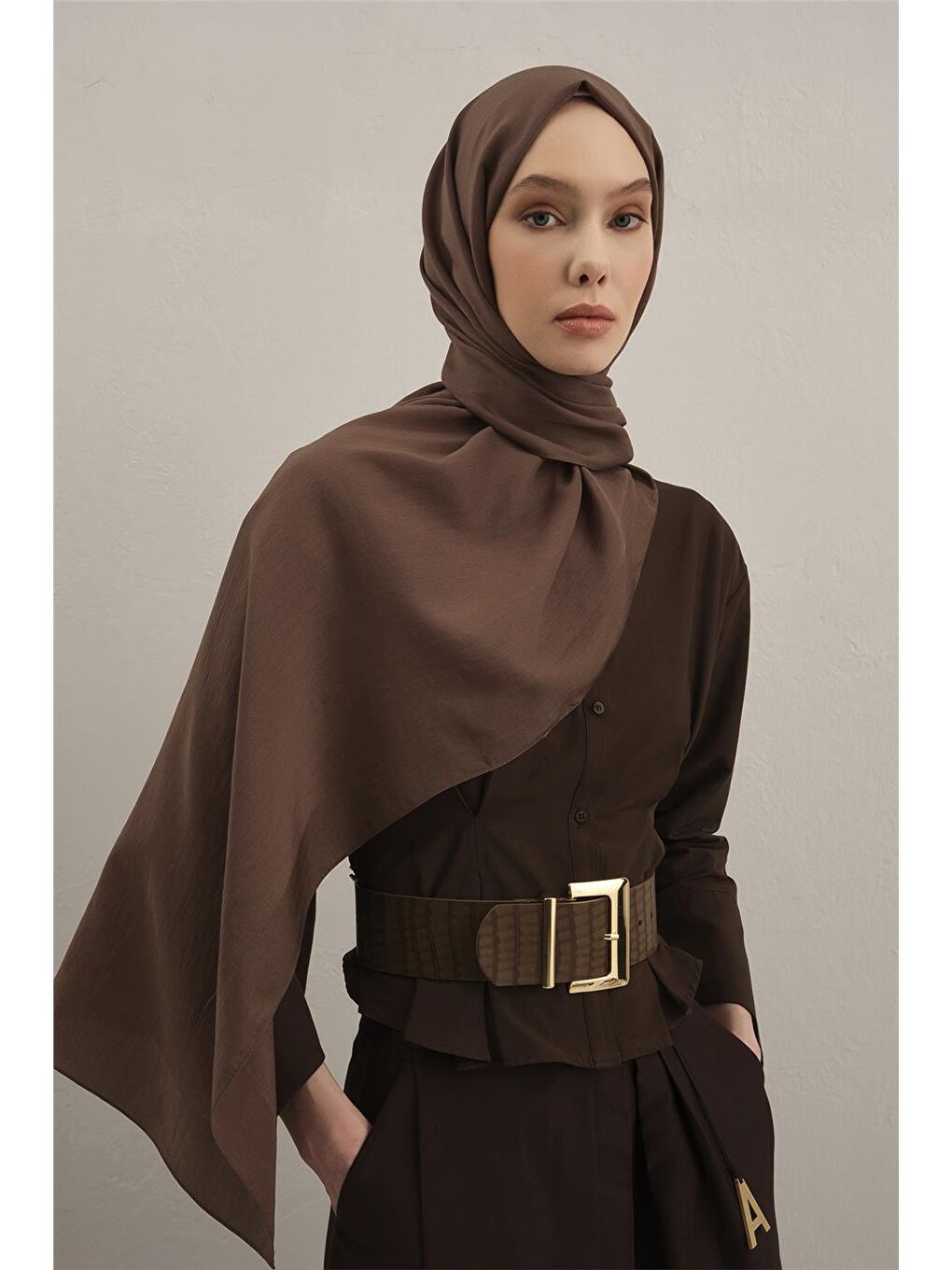 Kahverengi Bordürlü Lyocell Şal 11-1