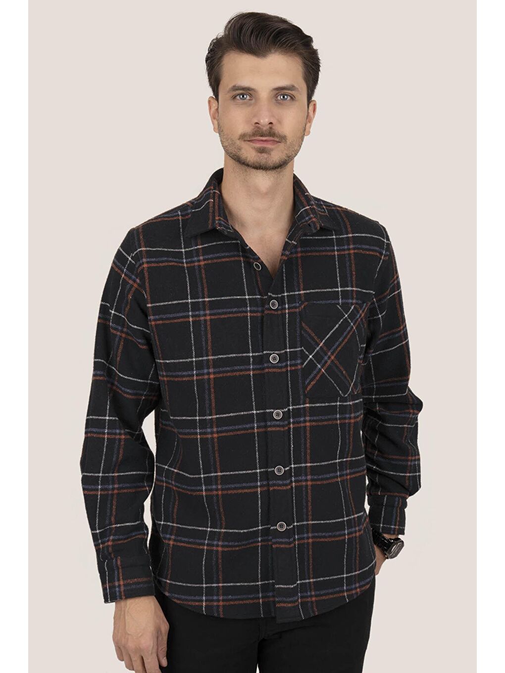 Siyah Kiremit Çizgili Oversize ( Geniş Kalıp ) Kalın Oduncu Hediye Kutulu Gömlek-5