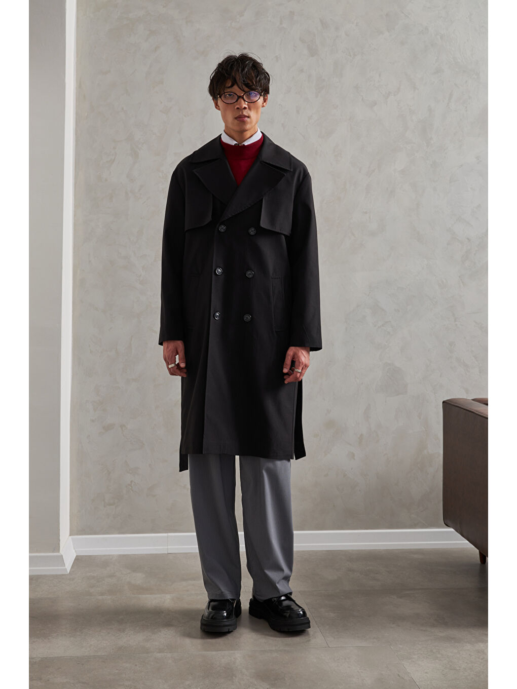 Siyah Erkek Kruvaze Yaka Oversize Trençkot-1