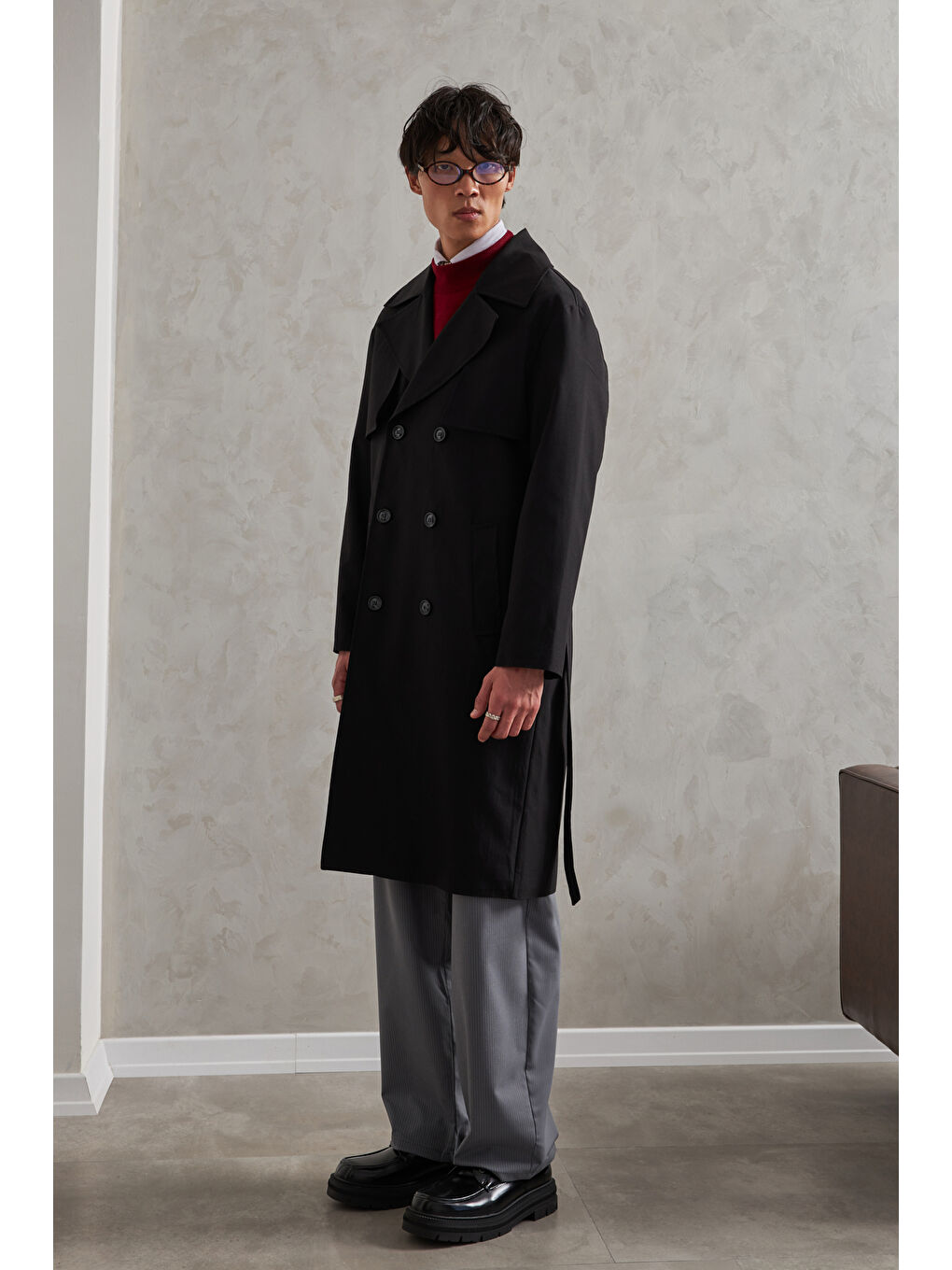 Siyah Erkek Kruvaze Yaka Oversize Trençkot-2