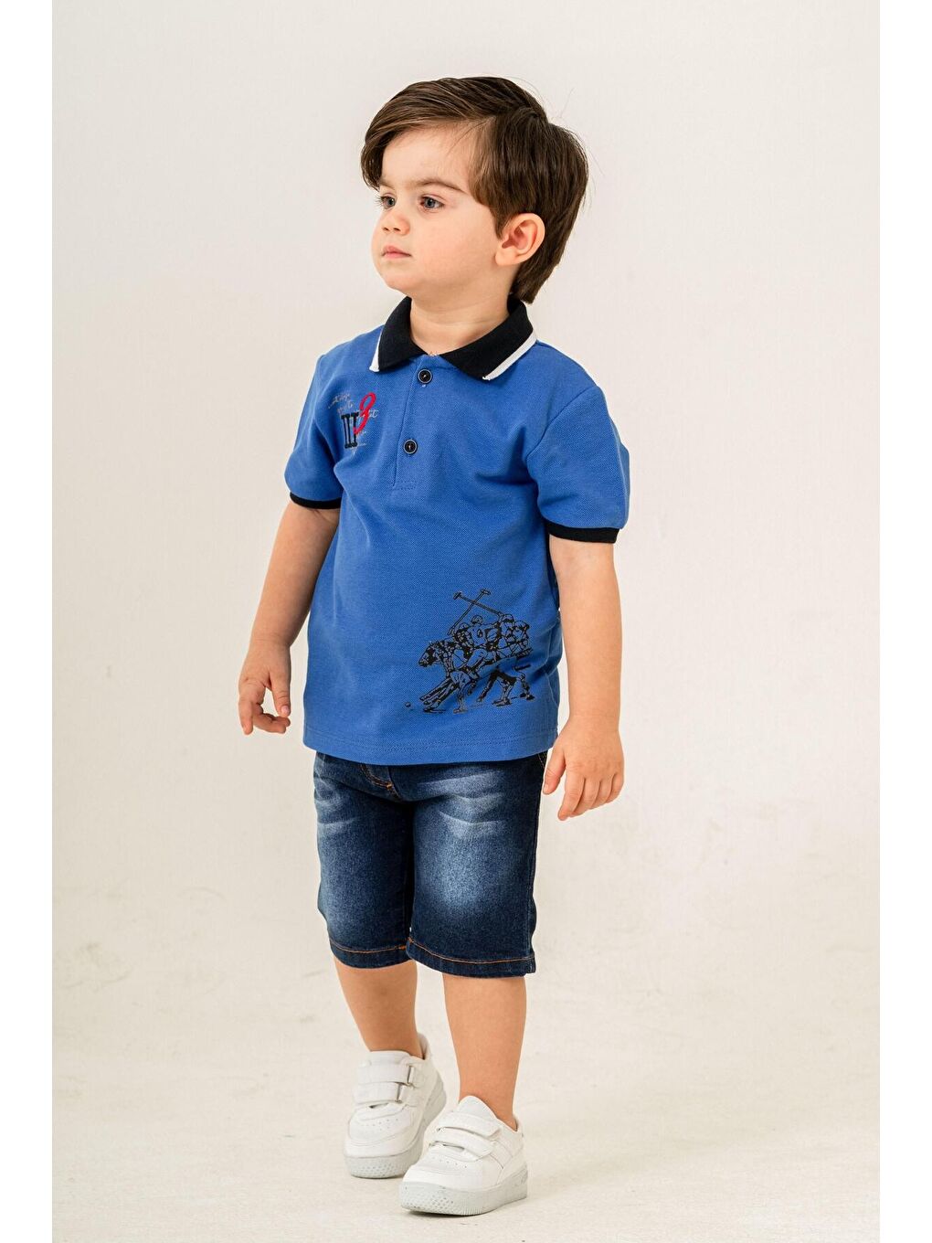 Mavi Tarz Lakos Asker Desenli Belden Ayarlanabilir Kısa Kollu Şortlu 2'li Takım Çocuk ve Bebek Giyim-1