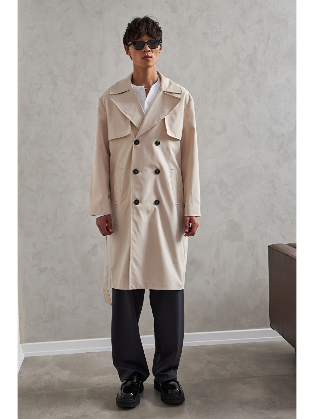 Ekru Erkek Kruvaze Yaka Oversize Trençkot-1