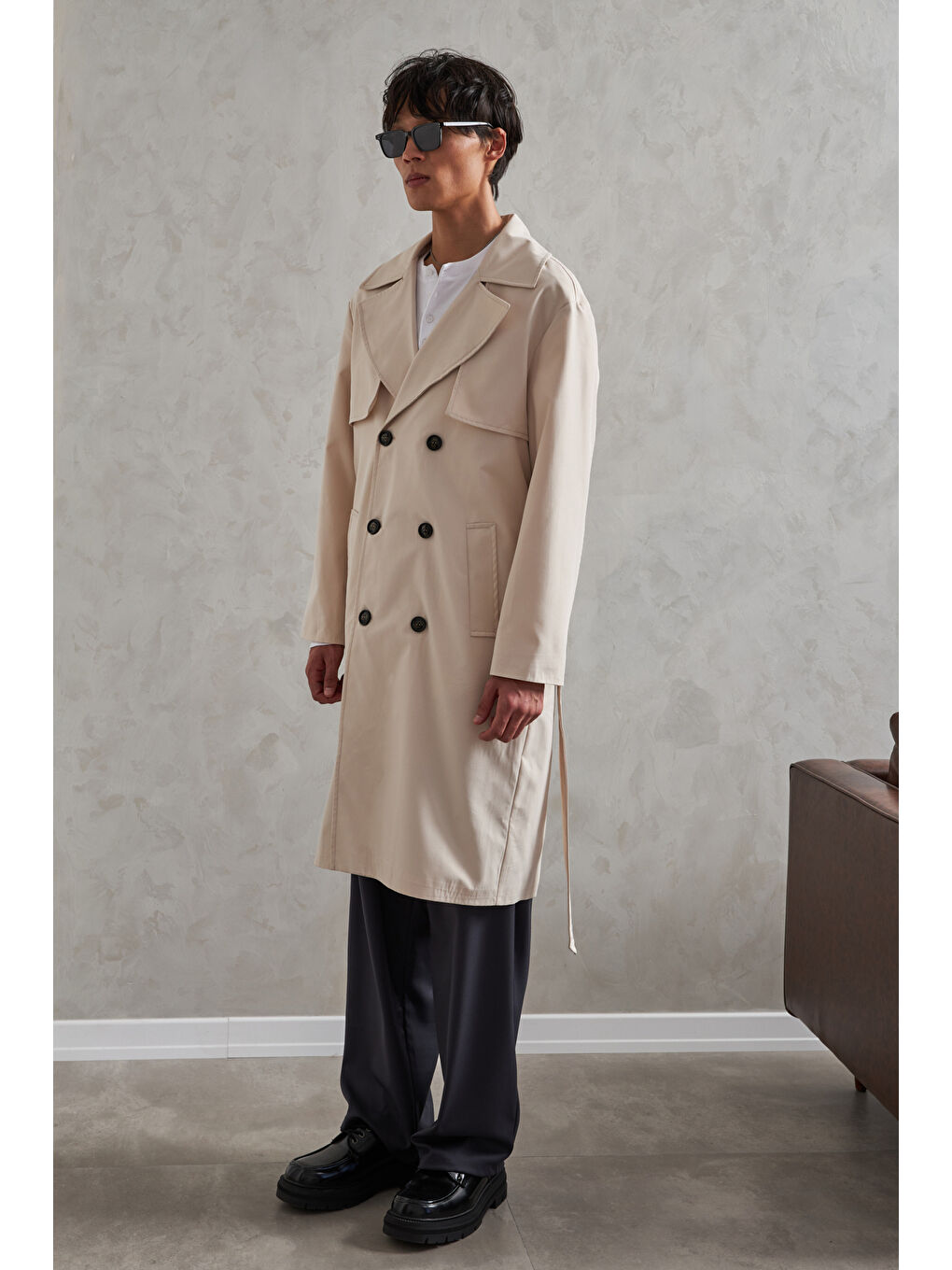 Ekru Erkek Kruvaze Yaka Oversize Trençkot-2