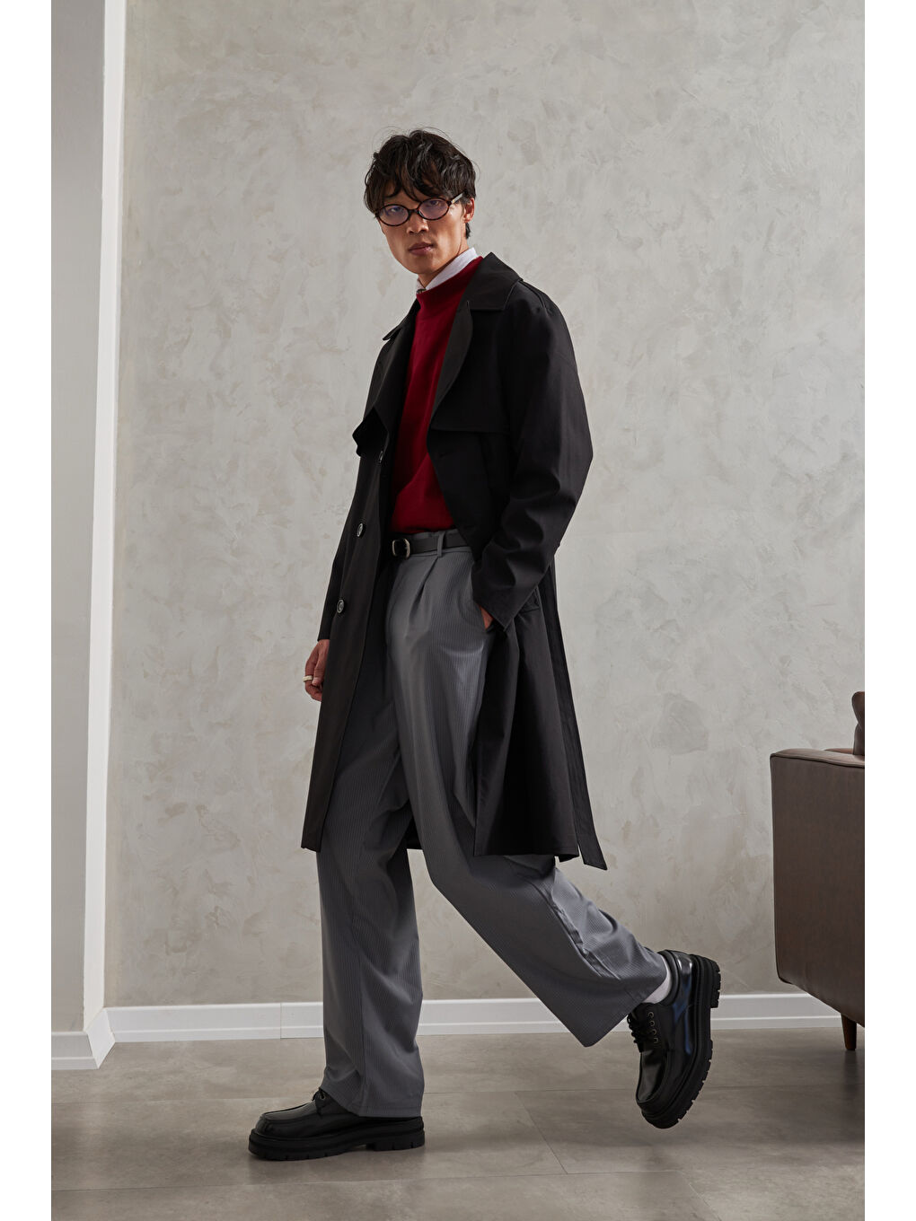 Siyah Erkek Kruvaze Yaka Oversize Trençkot-4