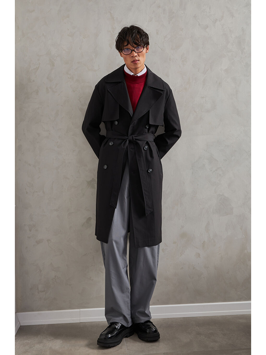 Siyah Erkek Kruvaze Yaka Oversize Trençkot-5