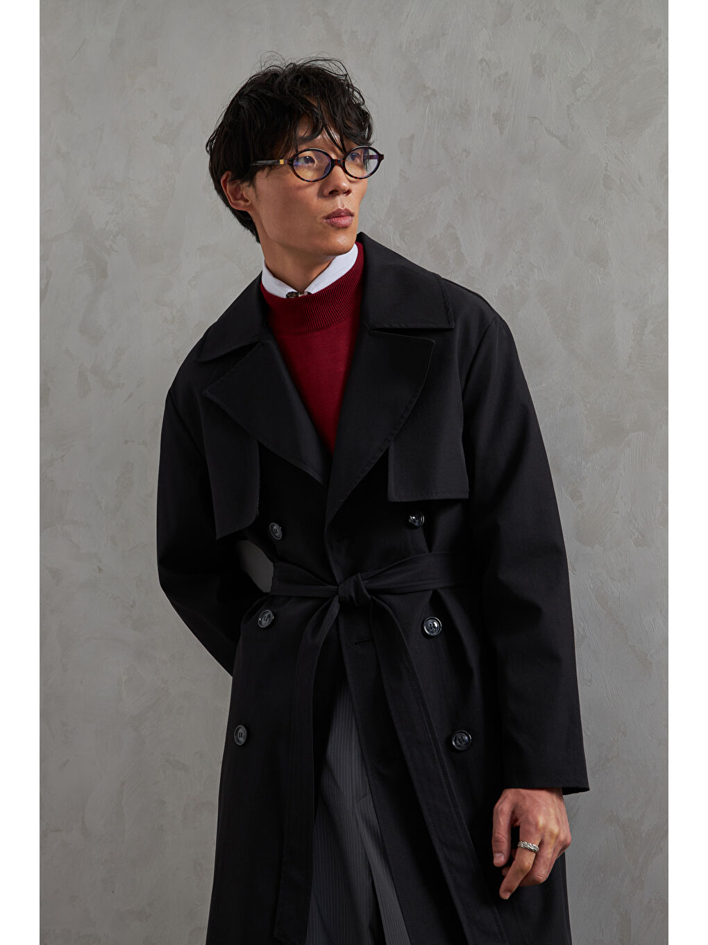 Siyah Erkek Kruvaze Yaka Oversize Trençkot-6
