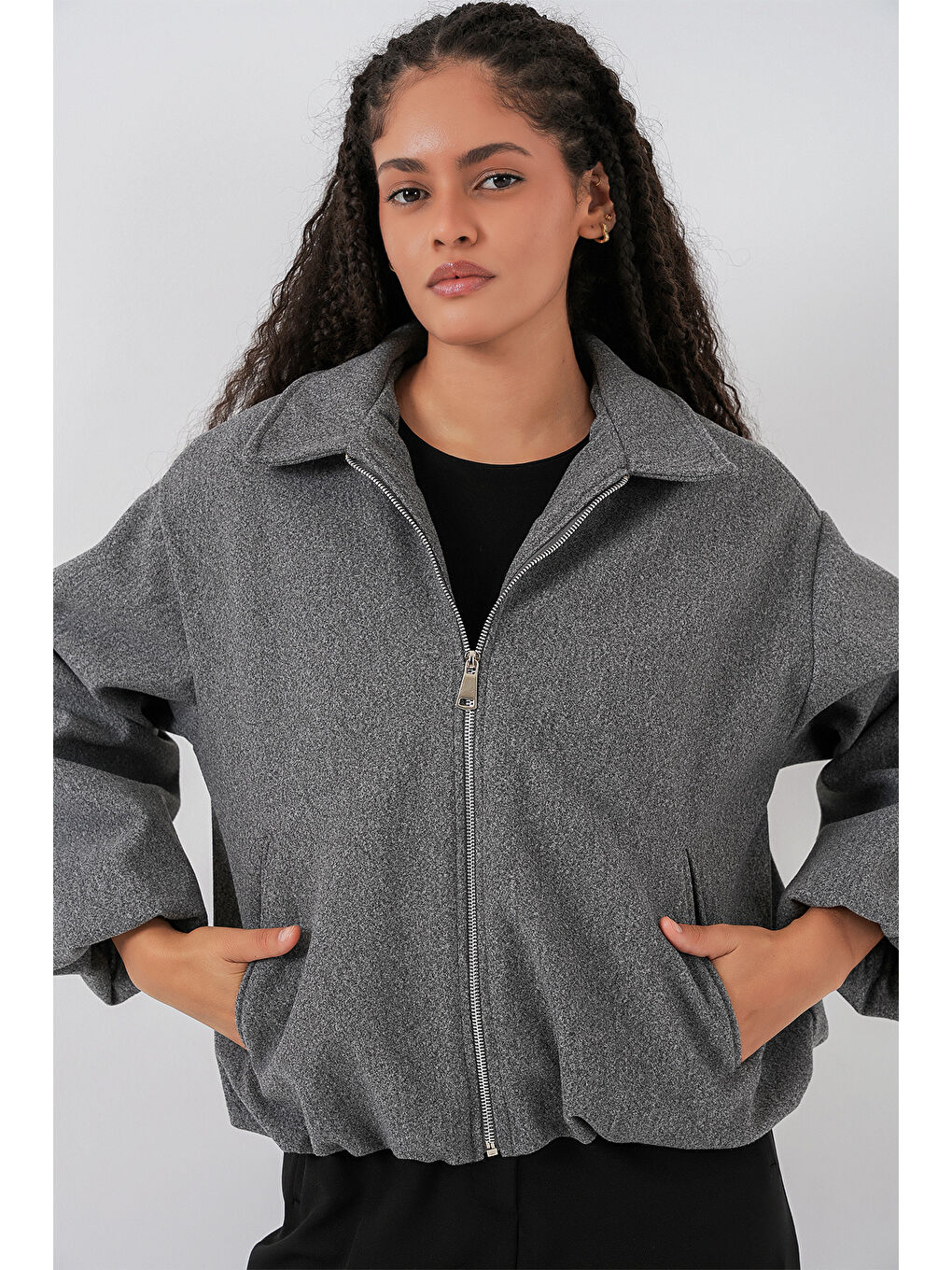 Kadın Büzgülü Oversize Kaşe Ceket 0728 - Gri