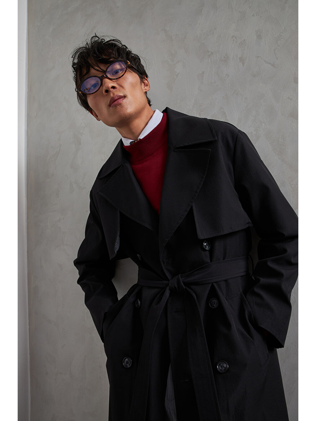 Siyah Erkek Kruvaze Yaka Oversize Trençkot-7