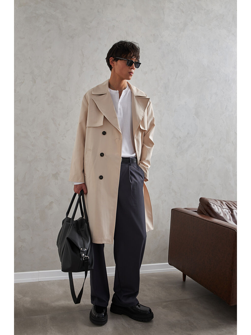 Ekru Erkek Kruvaze Yaka Oversize Trençkot-5