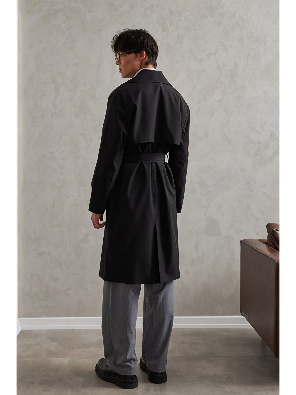 Siyah Erkek Kruvaze Yaka Oversize Trençkot-8