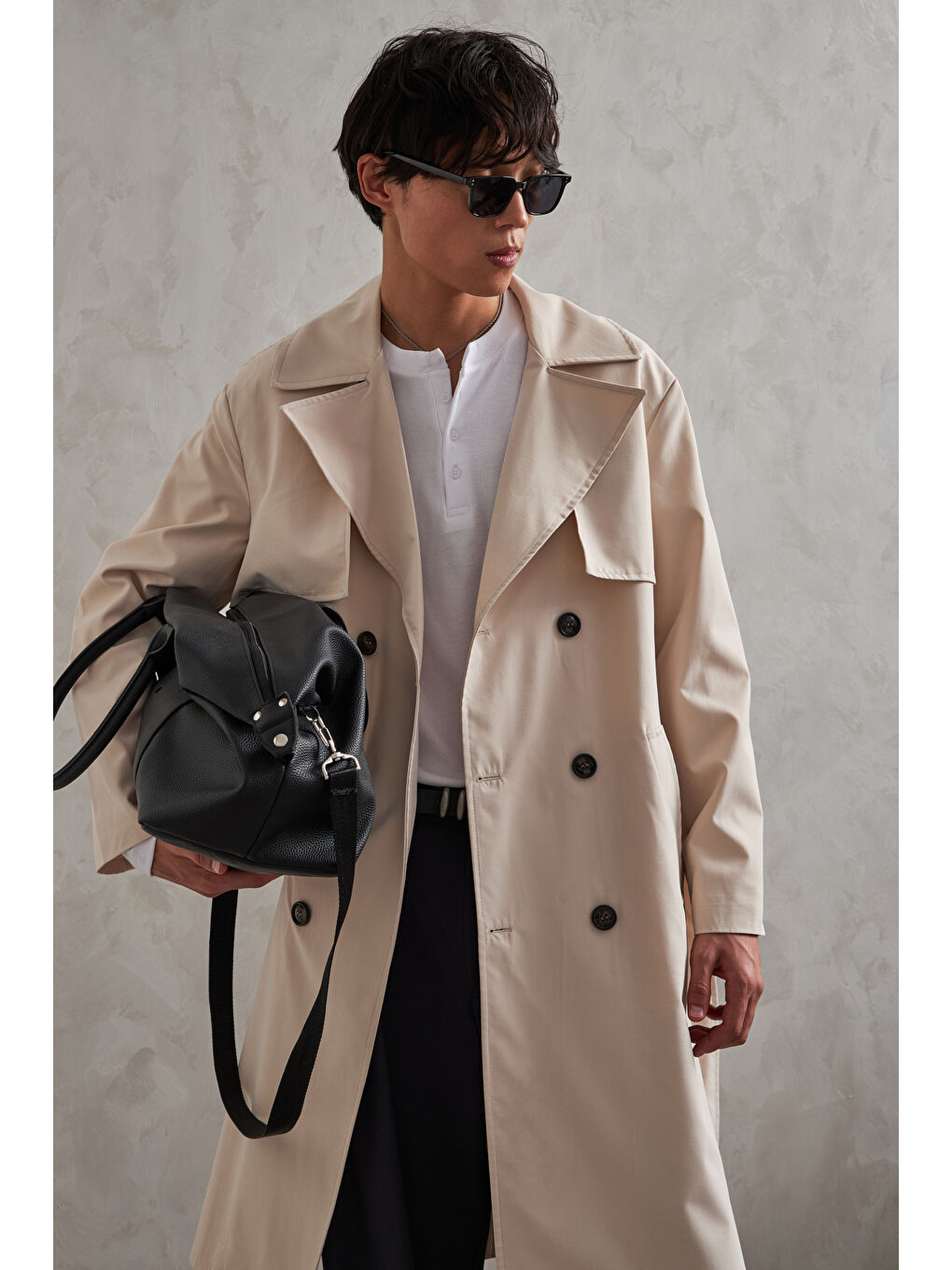 Ekru Erkek Kruvaze Yaka Oversize Trençkot-6