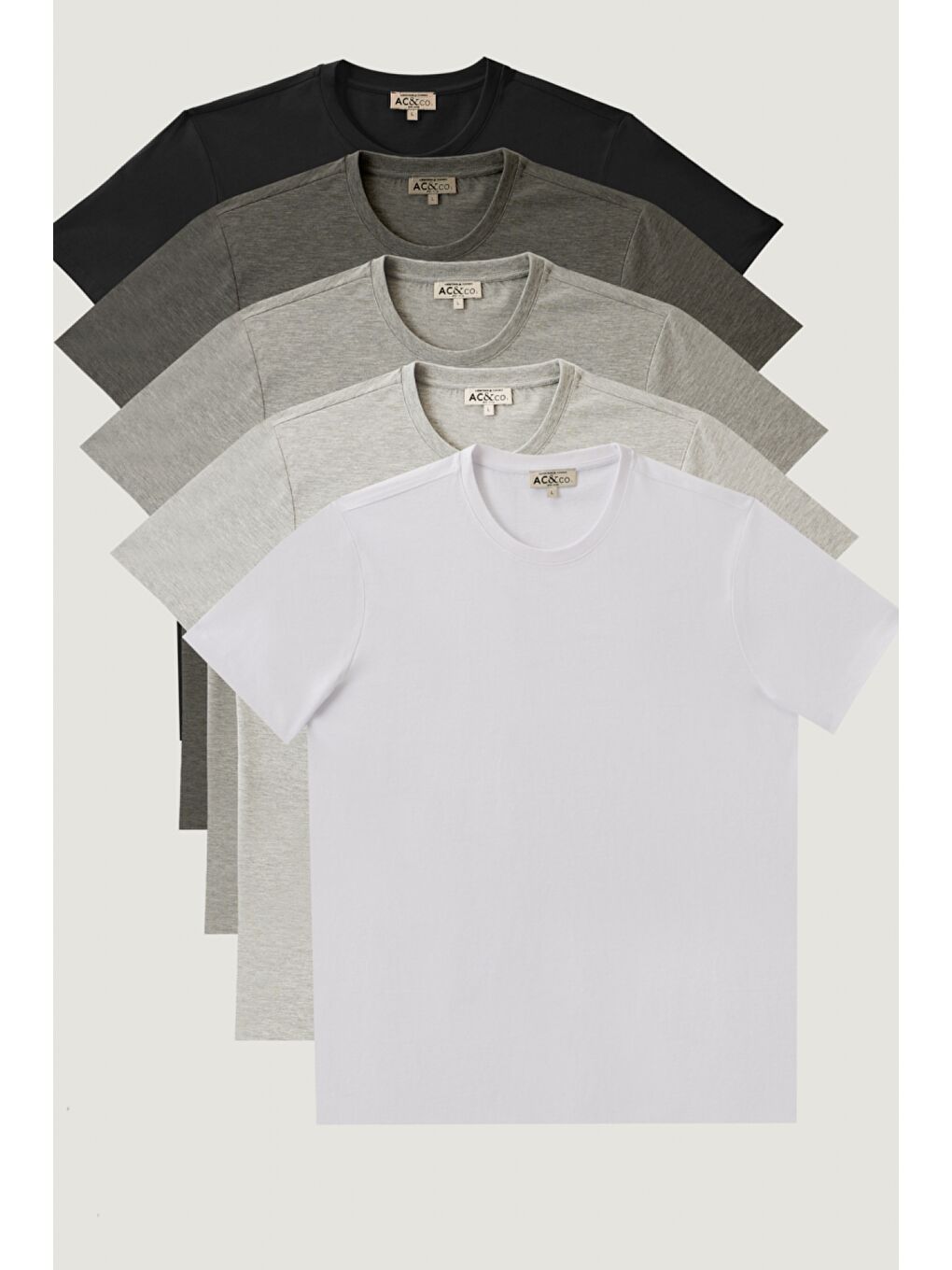 Erkek Beyaz-Gri Melanj-Koyu Gri-Antrasit-Siyah Slim Fit Dar Kesim Bisiklet Yaka 5'li Tişört Paketi