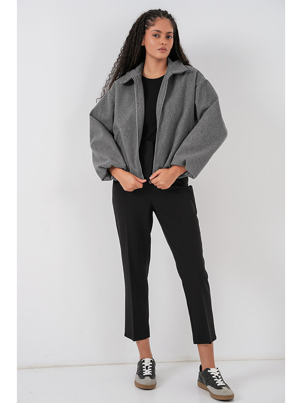 Kadın Büzgülü Oversize Kaşe Ceket 0728 - Gri-1