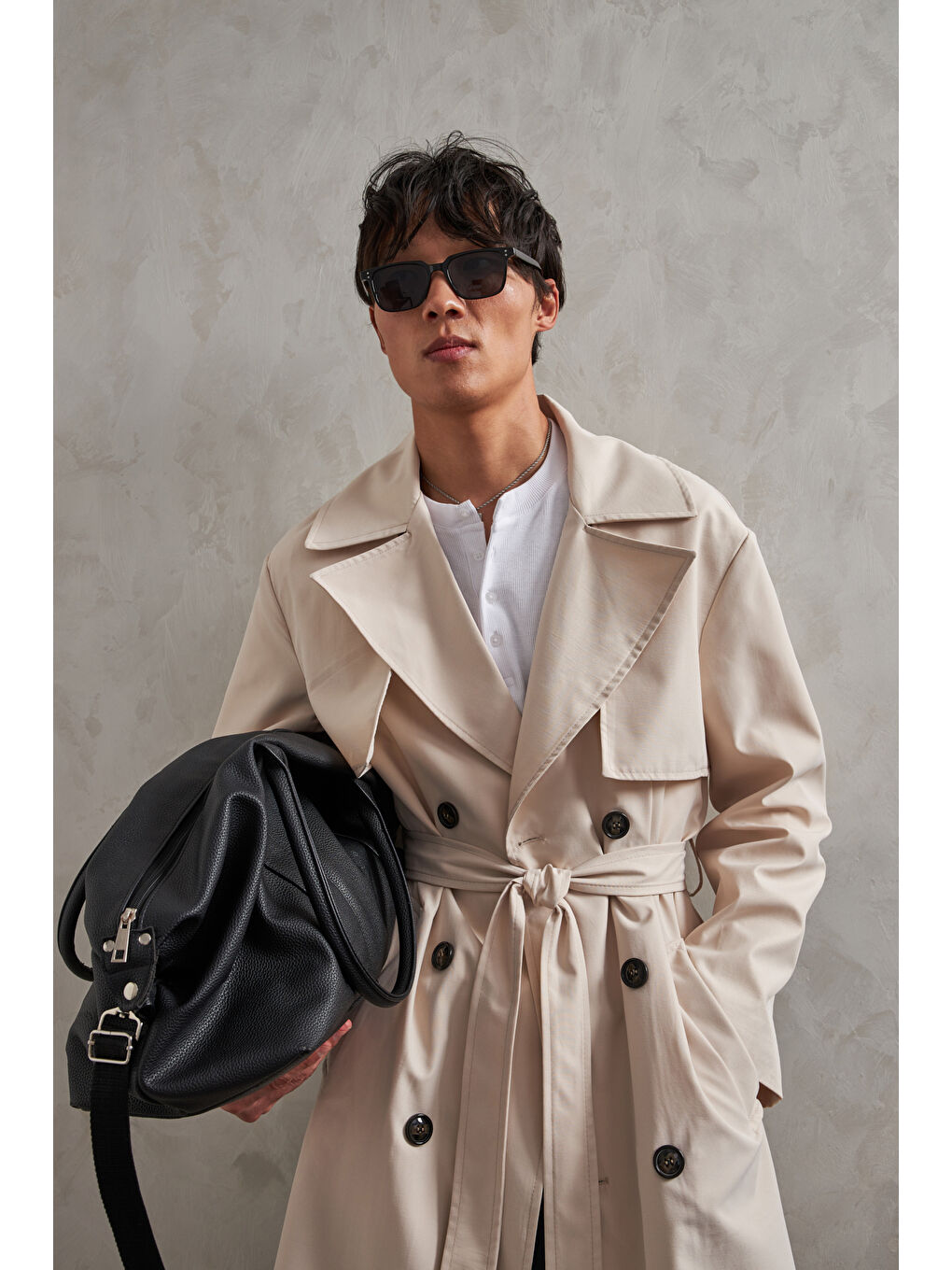 Ekru Erkek Kruvaze Yaka Oversize Trençkot-8