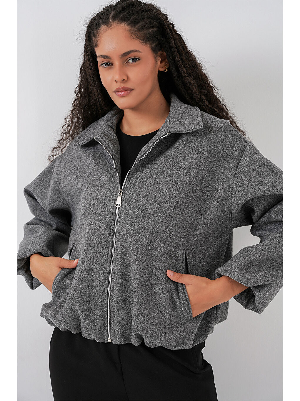 Kadın Büzgülü Oversize Kaşe Ceket 0728 - Gri-2