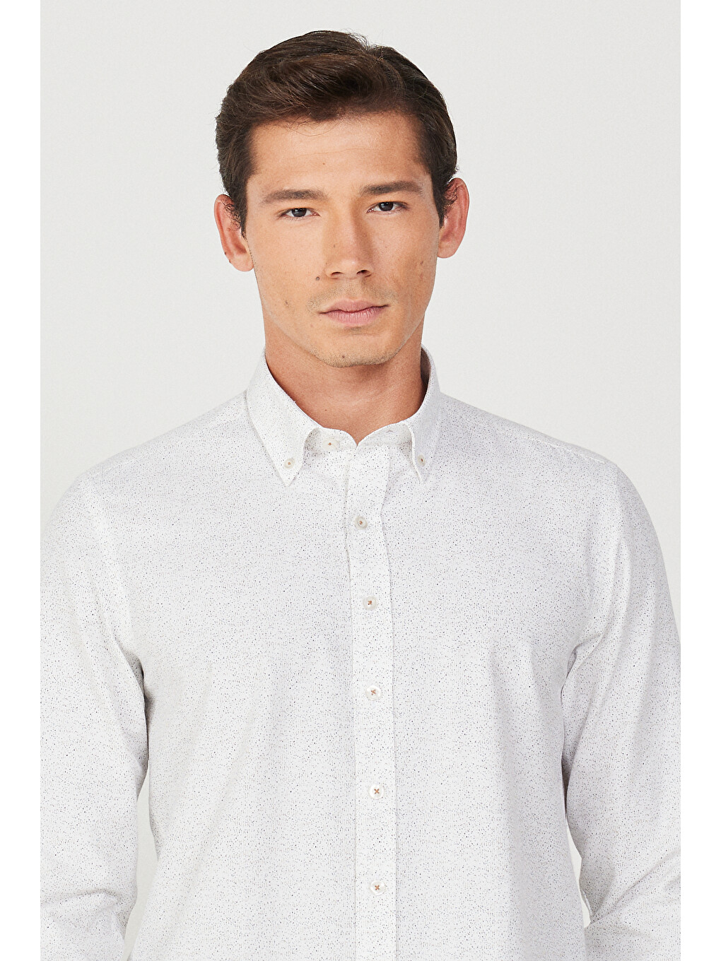 Erkek Beyaz-Kahve Slim Fit Dar Kesim Düğmeli Yaka Pamuklu Baskılı Gömlek-2