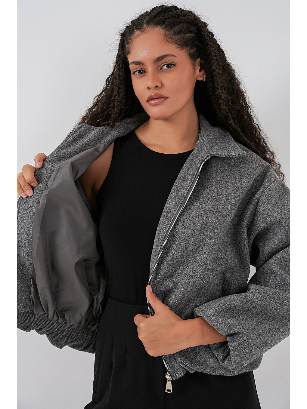 Kadın Büzgülü Oversize Kaşe Ceket 0728 - Gri-4