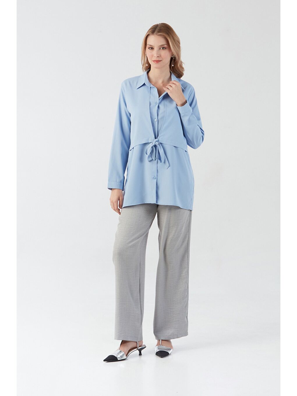 Mavi Düğmeli Önü Bağlamalı Gömlek-1
