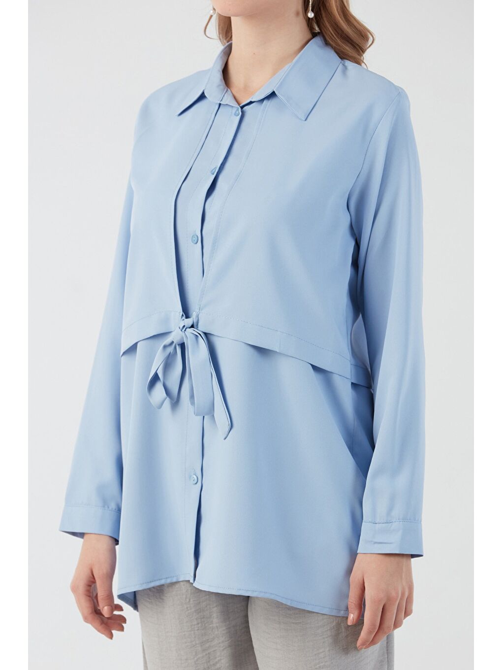 Mavi Düğmeli Önü Bağlamalı Gömlek-4