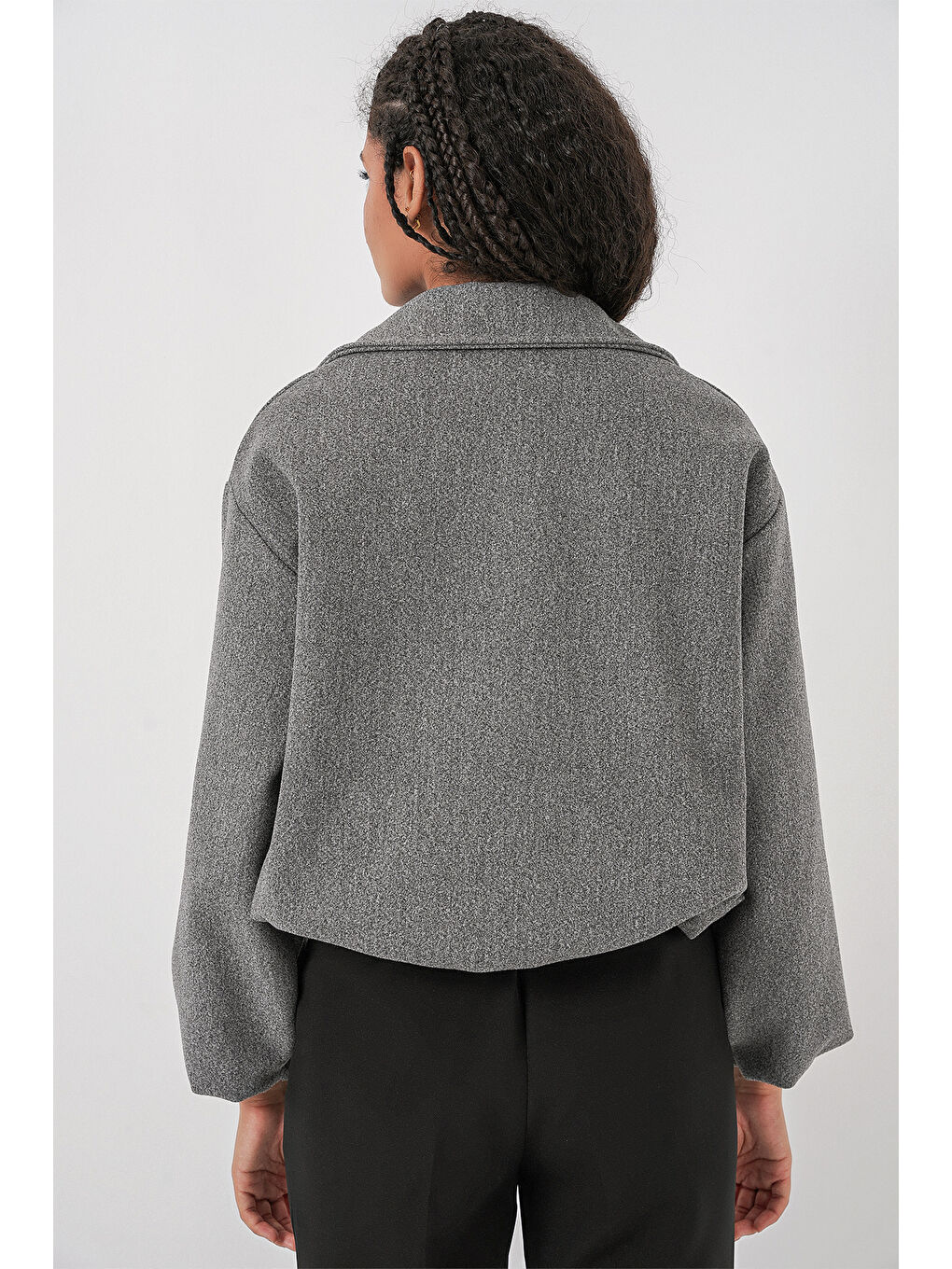 Kadın Büzgülü Oversize Kaşe Ceket 0728 - Gri-6