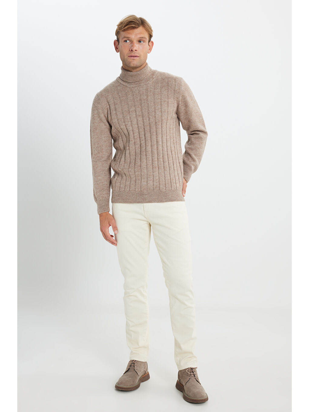 Erkek Bej Melanj Standart Fit Normal Kesim Tam Balıkçı Yaka Jakarlı Triko Kazak-3