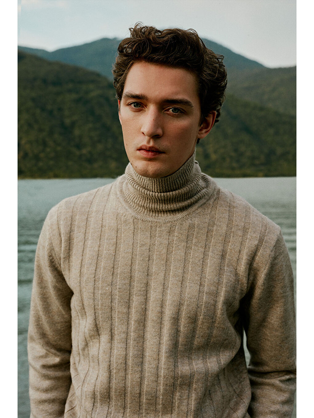 Erkek Bej Melanj Standart Fit Normal Kesim Tam Balıkçı Yaka Jakarlı Triko Kazak-4