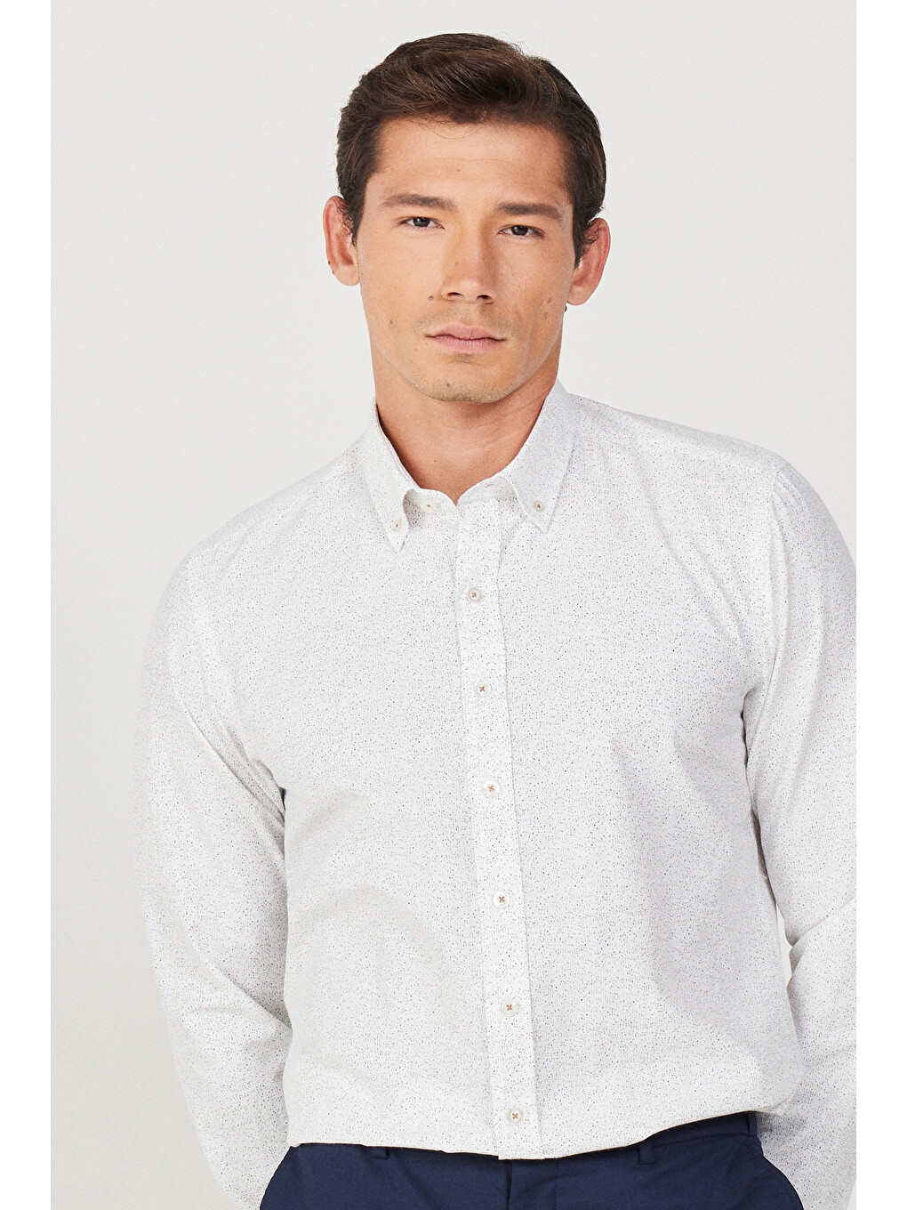 Erkek Beyaz-Kahve Slim Fit Dar Kesim Düğmeli Yaka Pamuklu Baskılı Gömlek-3