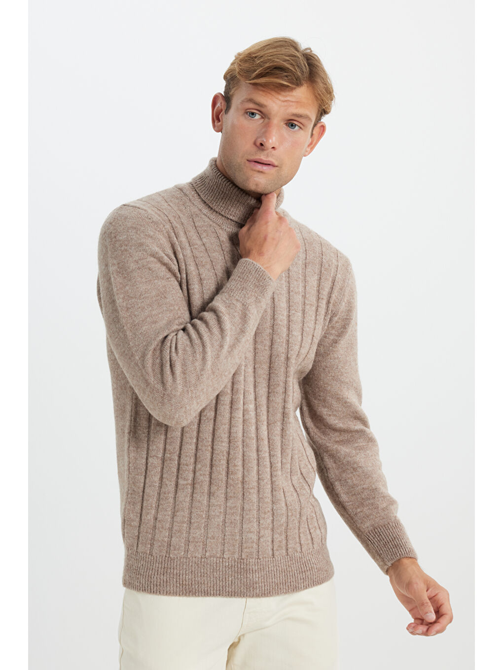 Erkek Bej Melanj Standart Fit Normal Kesim Tam Balıkçı Yaka Jakarlı Triko Kazak-5