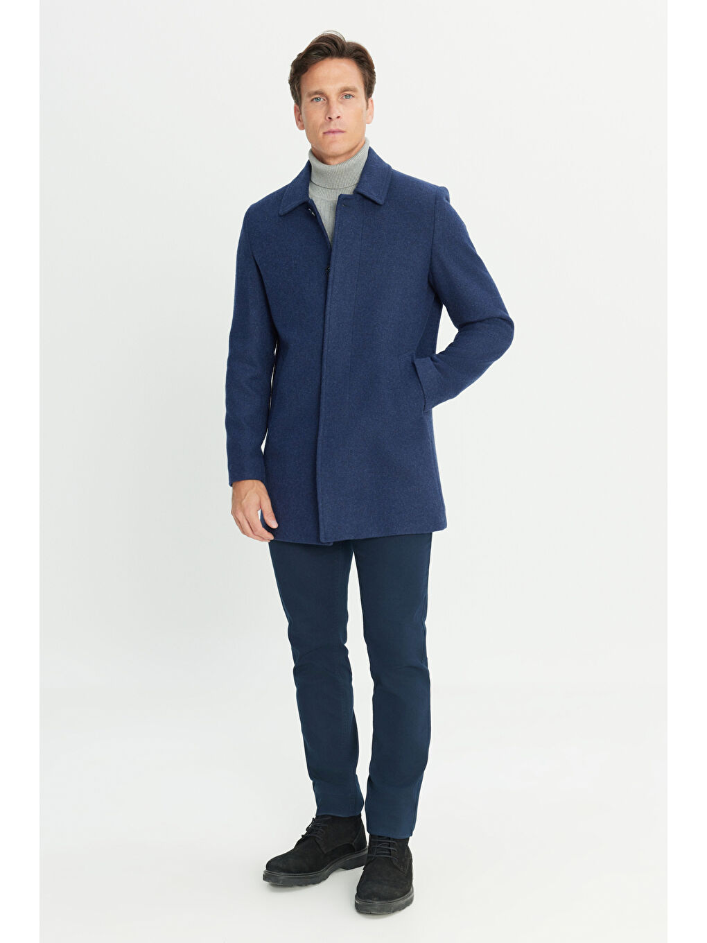 Erkek Lacivert Standart Fit Normal Kesim Gömlek Yaka Yan Cep Yünlü Palto-1