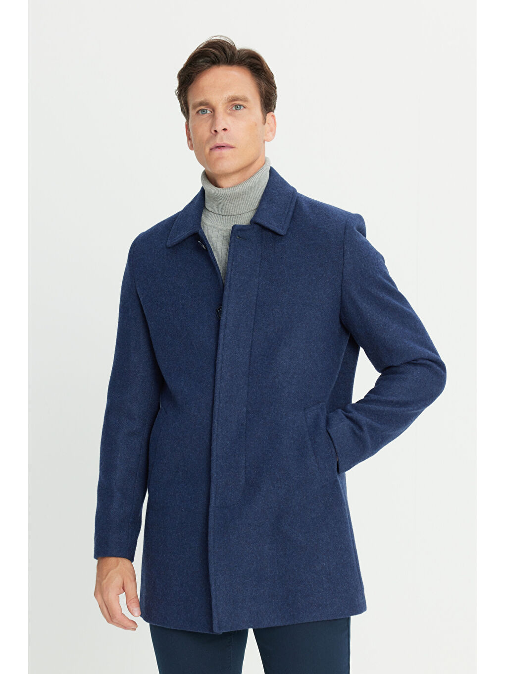 Erkek Lacivert Standart Fit Normal Kesim Gömlek Yaka Yan Cep Yünlü Palto-2
