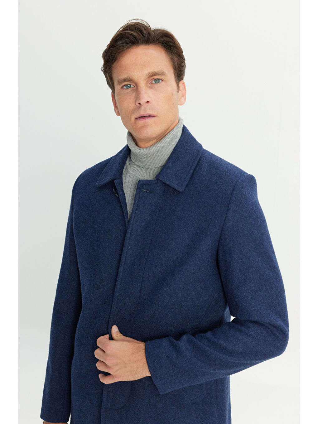 Erkek Lacivert Standart Fit Normal Kesim Gömlek Yaka Yan Cep Yünlü Palto-3