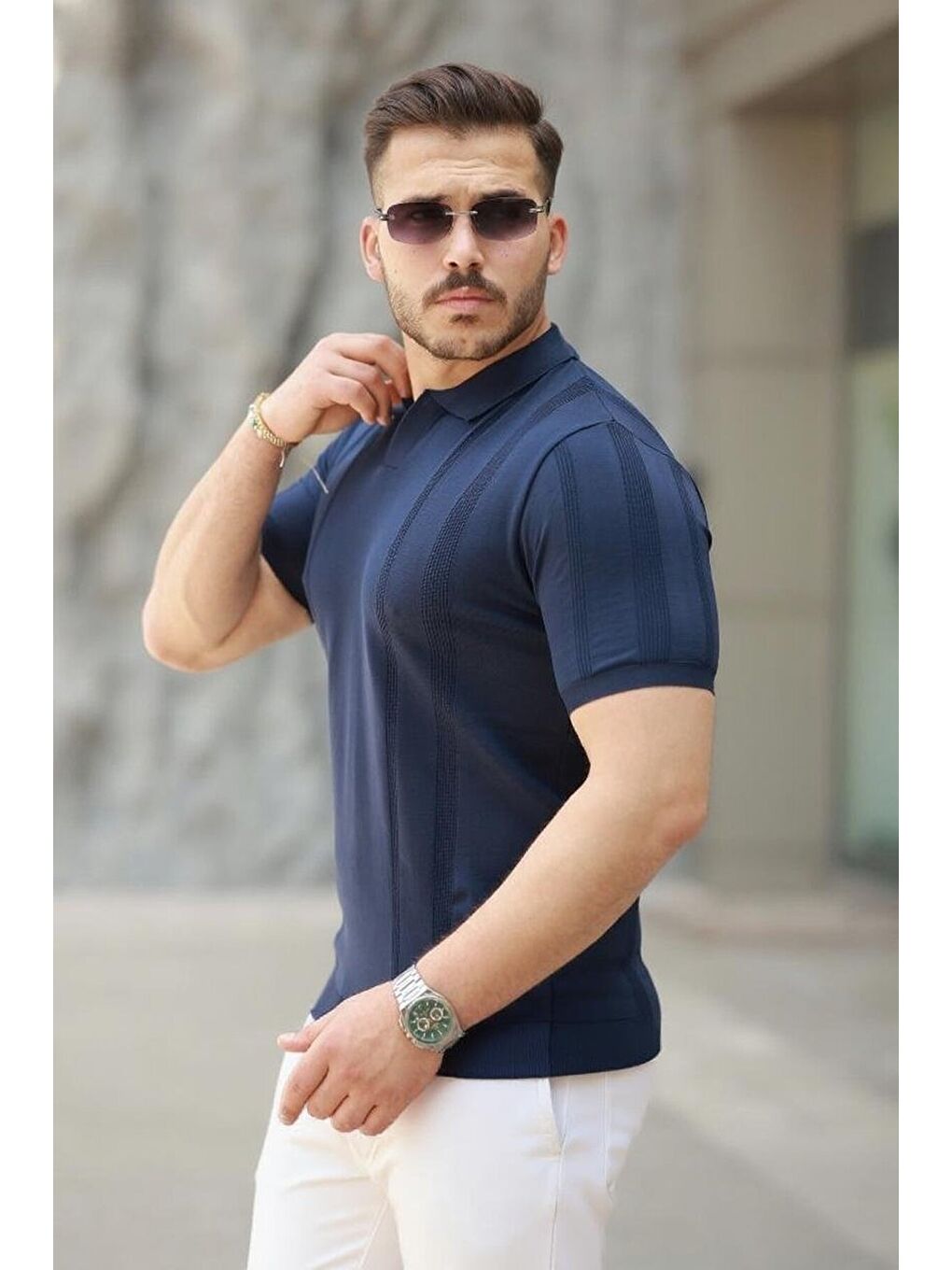 Lacivert Erkek Hemşire Yaka Kısa Kollu Tişört