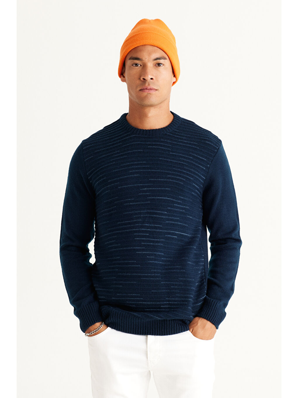 Erkek Lacivert-İndigo Standart Fit Normal Kesim Bisiklet Yaka Desenli Triko Kazak