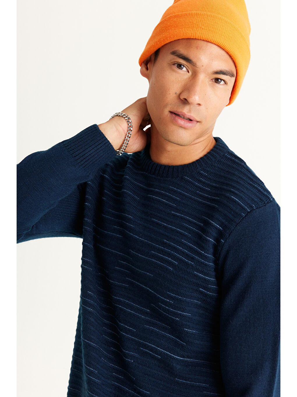 Erkek Lacivert-İndigo Standart Fit Normal Kesim Bisiklet Yaka Desenli Triko Kazak-2