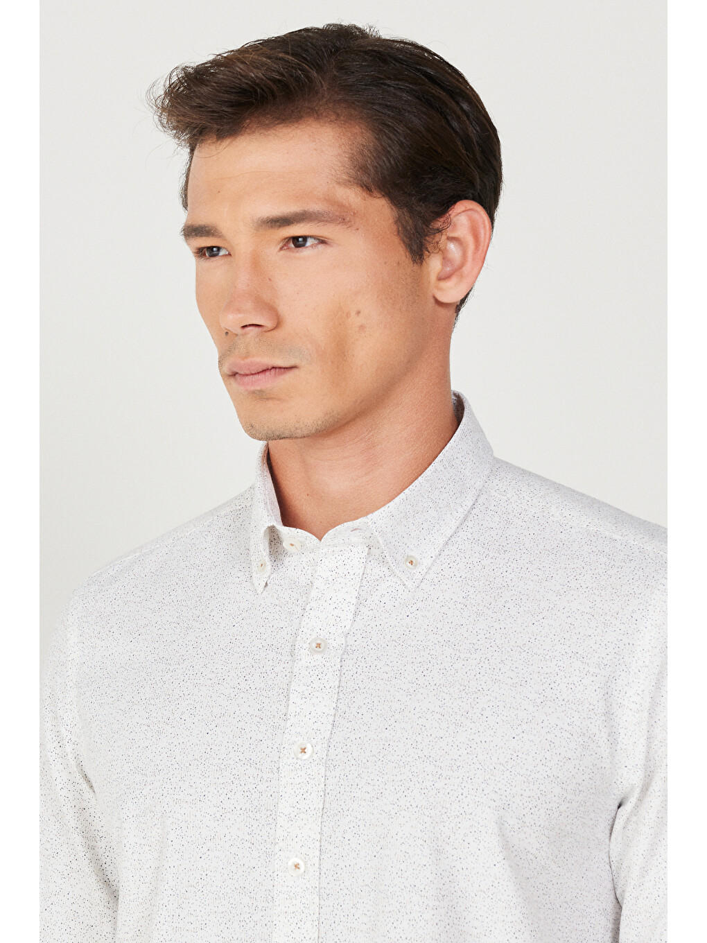 Erkek Beyaz-Kahve Slim Fit Dar Kesim Düğmeli Yaka Pamuklu Baskılı Gömlek-4