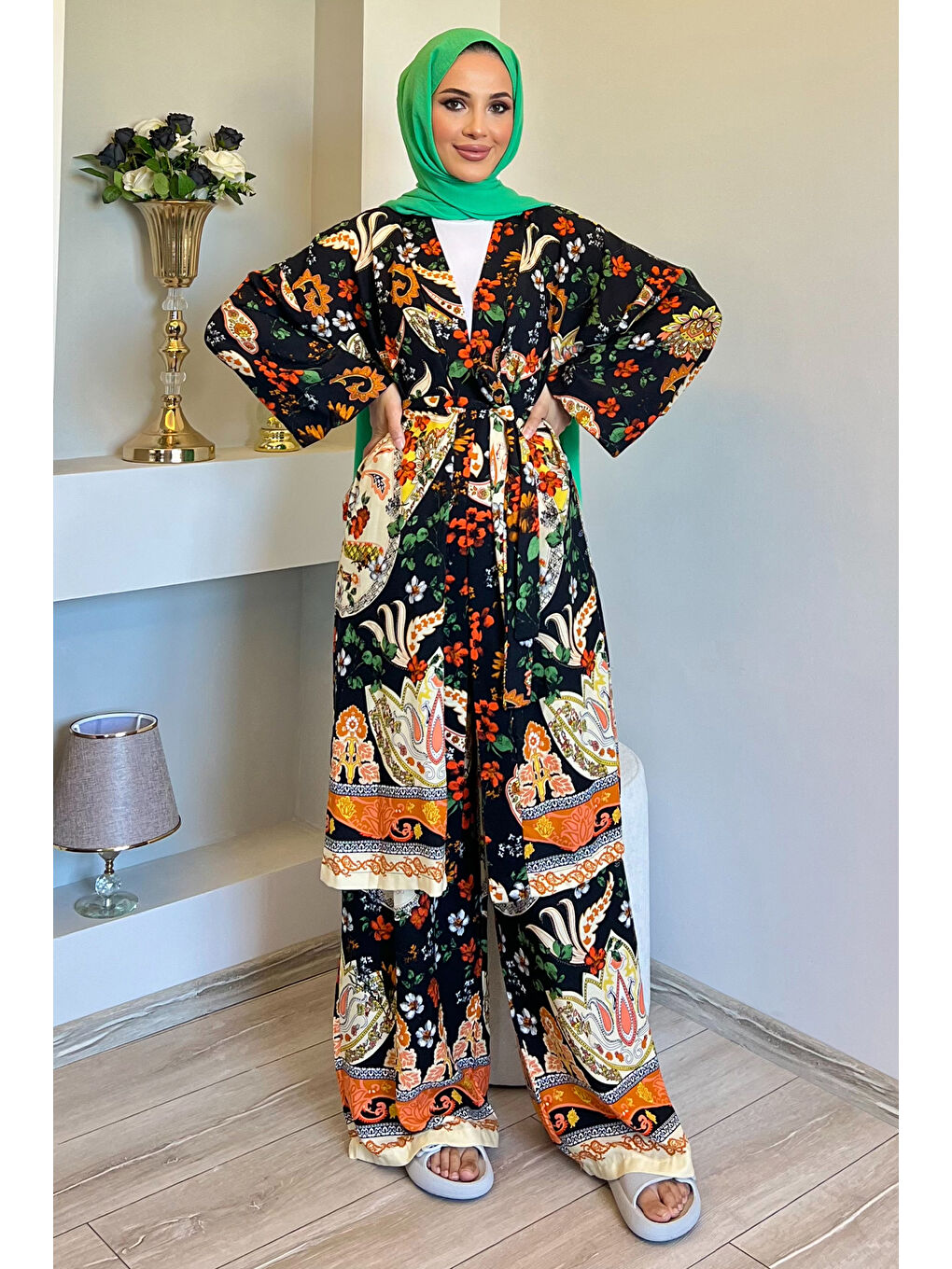 Julude Siyah Desenli Tesettür Viskon Kimono İkili Takım - 2