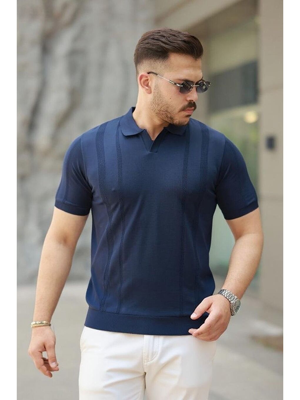 Lacivert Erkek Hemşire Yaka Kısa Kollu Tişört-1