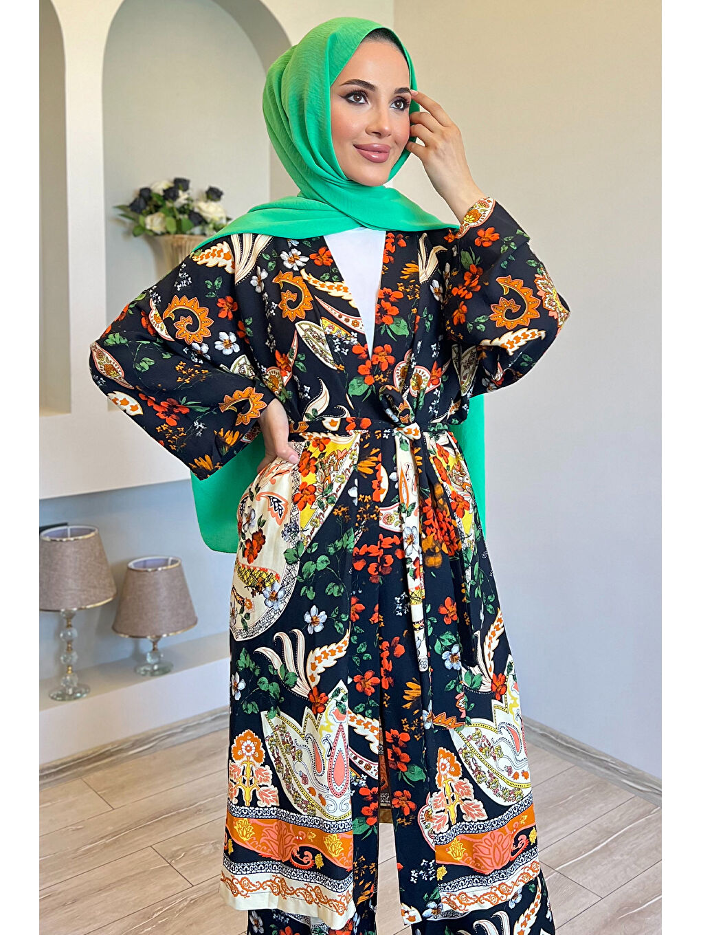 Julude Siyah Desenli Tesettür Viskon Kimono İkili Takım - 4