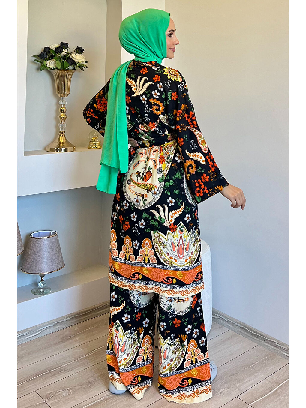 Julude Siyah Desenli Tesettür Viskon Kimono İkili Takım - 6